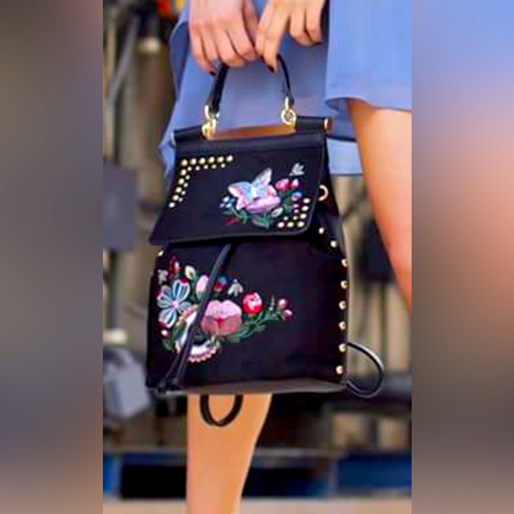 Clée Black backpack with colorful flowers & butterflies embroidery